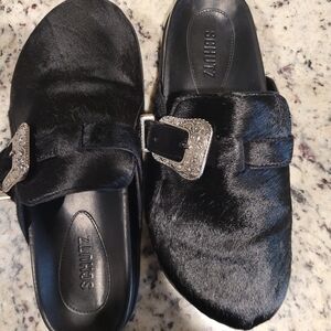 Black Calf Hair Leather Clog flat